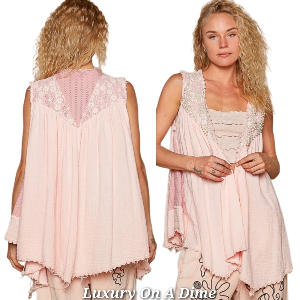 POL Lace Pearl Embroidered Patchwork Boho Vest Gauze Raw Hem Sleeveless Cardigan - Picture 2 of 16